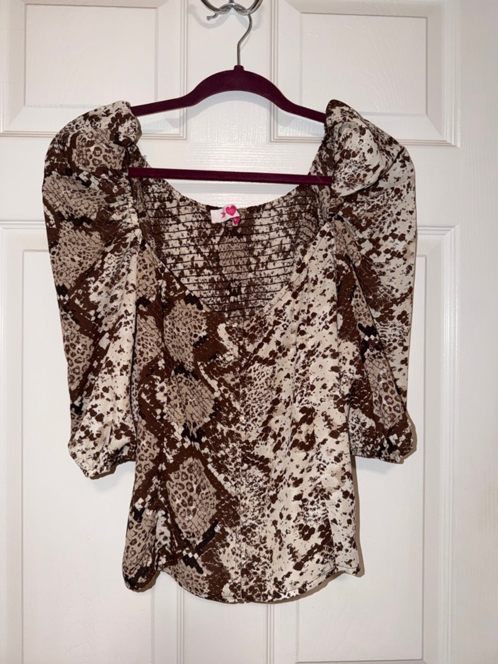 Buddy Love Brown and Cream Snake-Print Puff Sleeve Top with Smocked Back